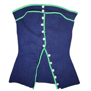 RICH & FAMOUS Navy Blue Neon Green Trim Knit Ribbed Peplum Strapless Top, size M